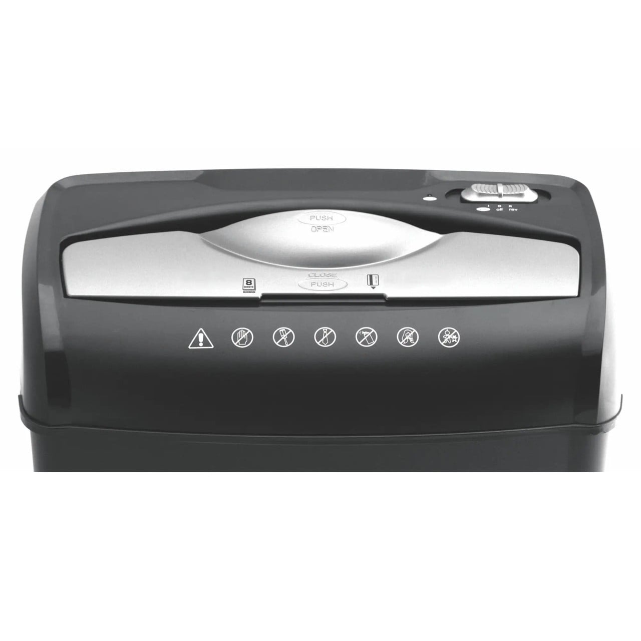 Paper Shredder (8 Sheets - 5 x 47 mm - Cross Cut - Medium Security) S1008CC, Front View Showing the Paper Entry, Controls, and Warning Icons