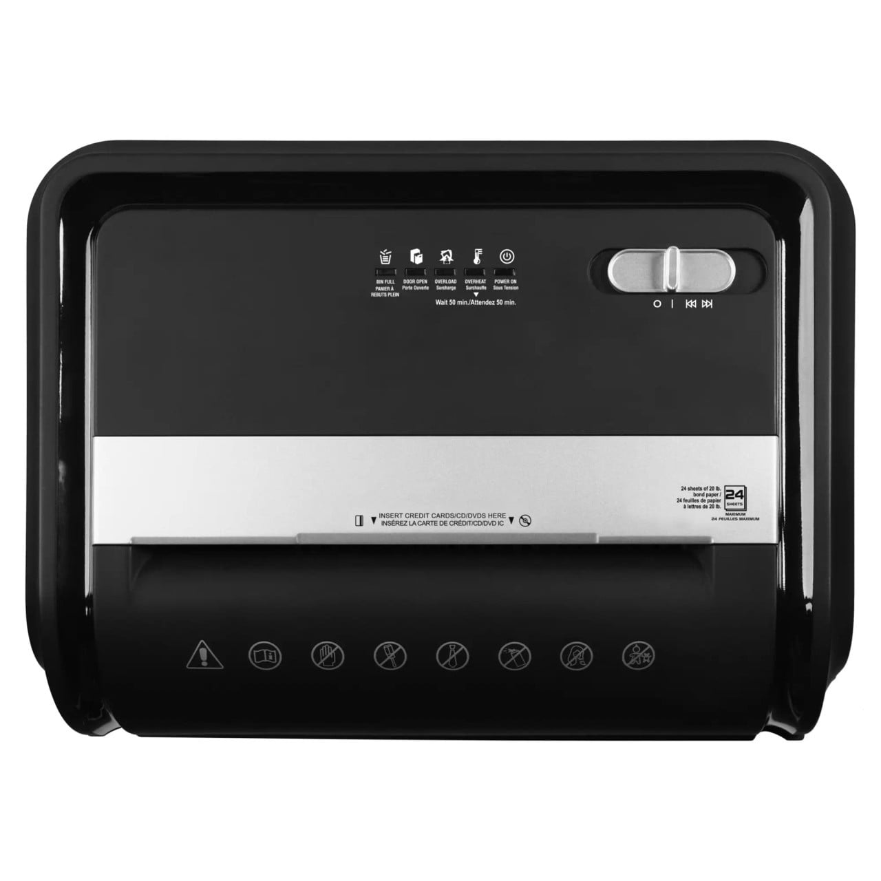 Paper Shredder (8 Sheet - 4 x 12 mm - Mini Cross Cut - High Security) S1008MC, Front View of Black and Silver Compact Shredder with Control Switch and Indicator Lights.