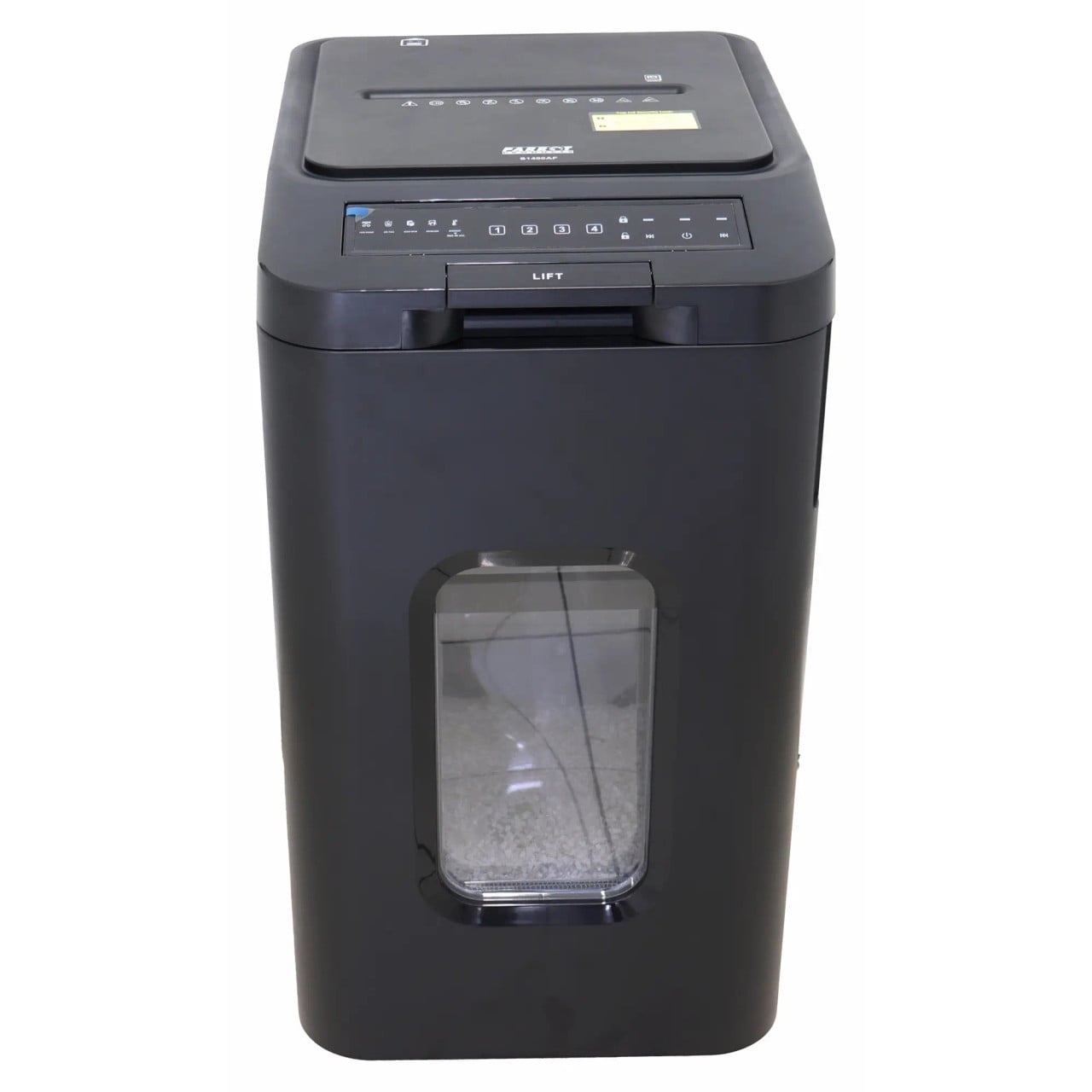 Shredder Paper 140 Sheet 4 x 12 mm Mini Cross Cut Auto Feed, Black Paper Shredder with Transparent Window and Control Panel on Top.
