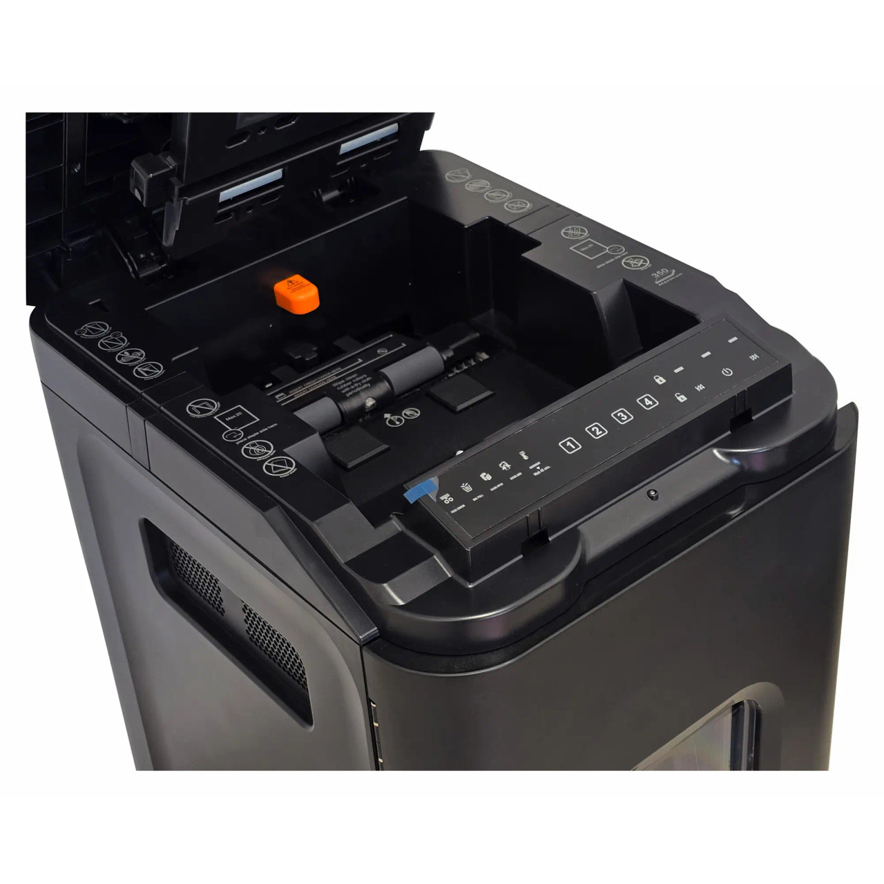 Shredder Paper 140 Sheet 4 x 12 mm Mini Cross Cut Auto Feed, Image Shows a Paper Shredder with an Open Top and Control Panel.