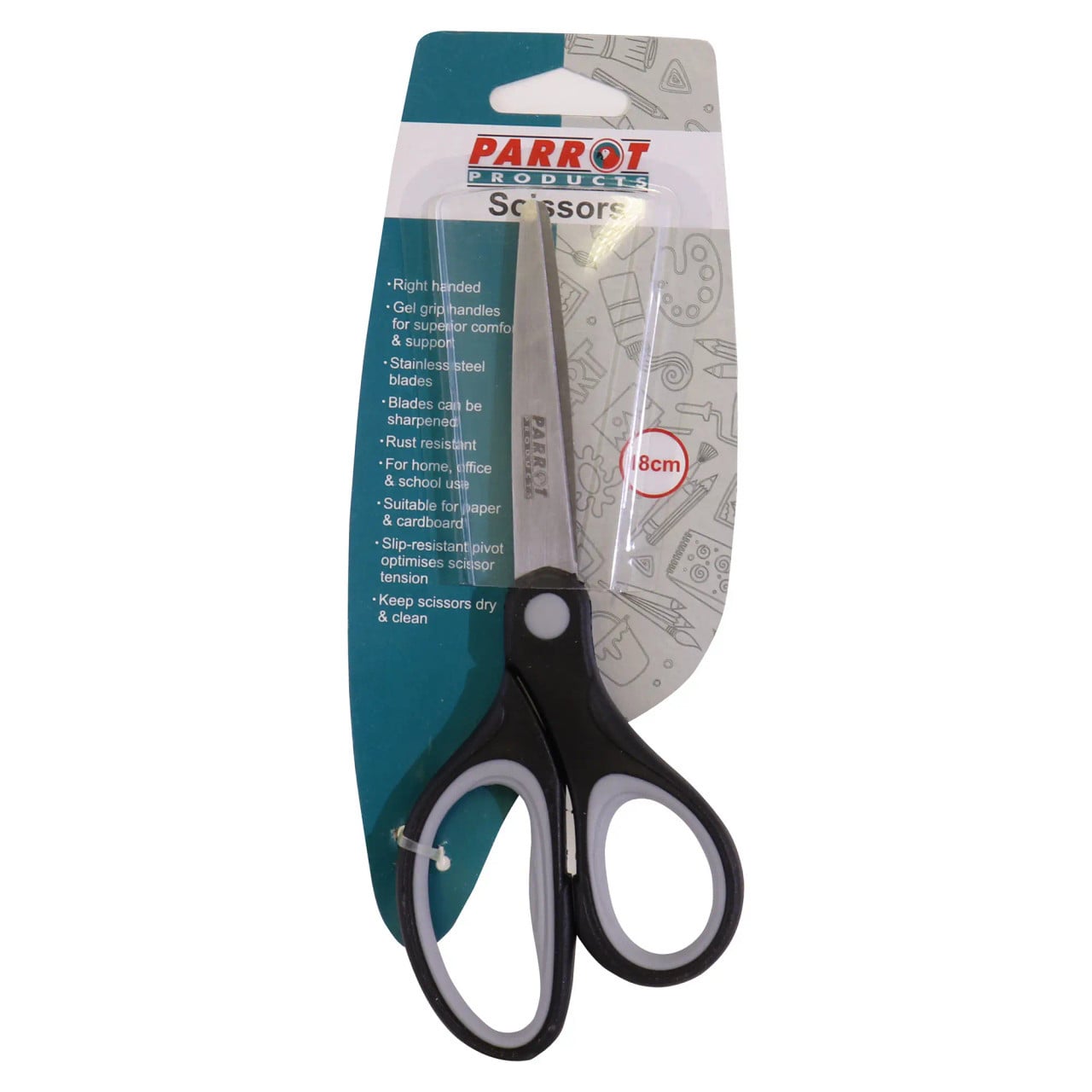 Parrot Scissors 18 cm - Grey, Product Image Showing a Pair of Scissors with Black and Grey Handles and Stainless Steel Blades in Packaging.