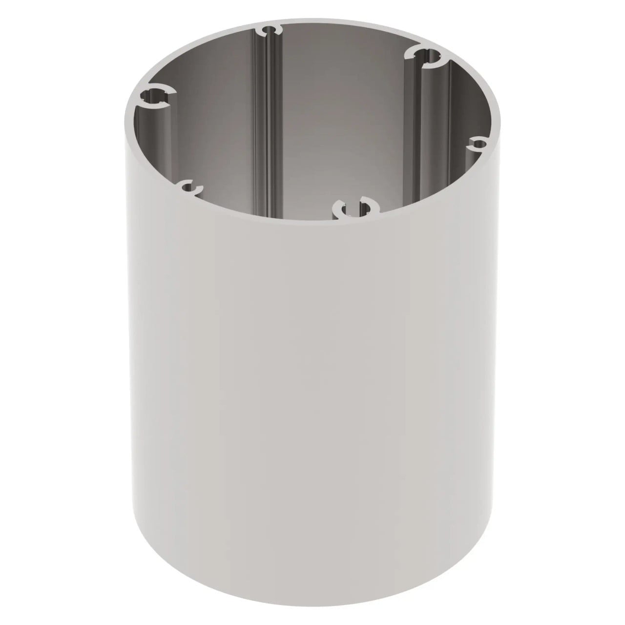 Anodised Aluminium Pole Extrusion, 80 mm Wide and 3600 mm Tall, from Brand 67, Featuring a Cylindrical Shape with Holes for Sign Frame Legs, Showcasing a Sleek, Silver Finish and Durable Construction.