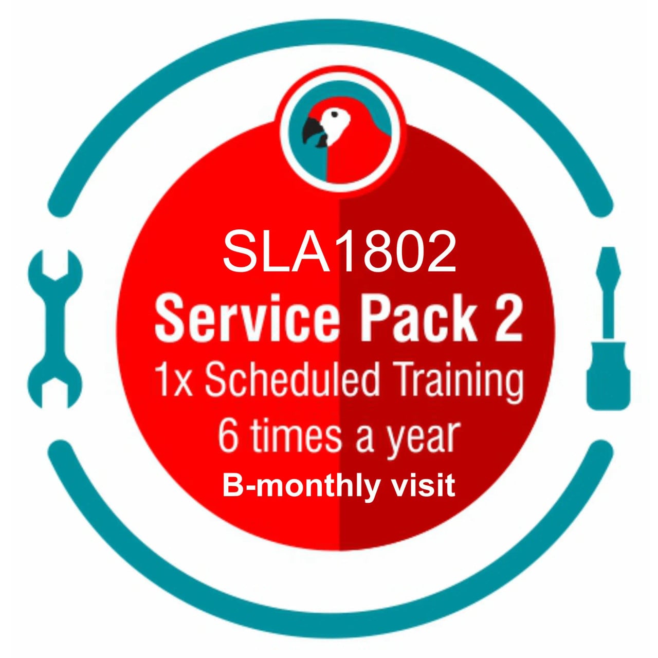 67 Brand 6 Month Interactive Training SLA Service Pack 2, Featuring Scheduled Interactive Learning Sessions 6 Times a Year, with Bi-Monthly Visits, in a Red and Teal Circular Graphic with a Wrench and Screwdriver Icon.
