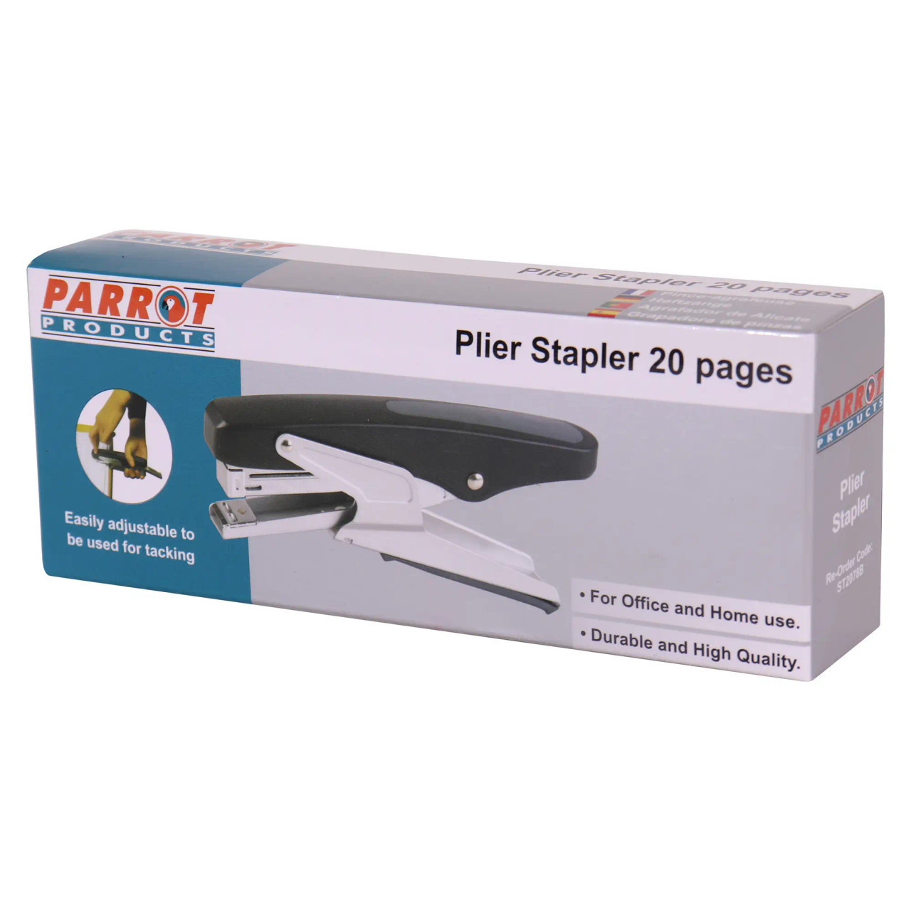 Plier Stapler 105*(24/6 26/6) Black - 20 Pages, Image of a Black and White Stapler for Office and Home Use with Adjustable Tacking Feature in Its Packaging.