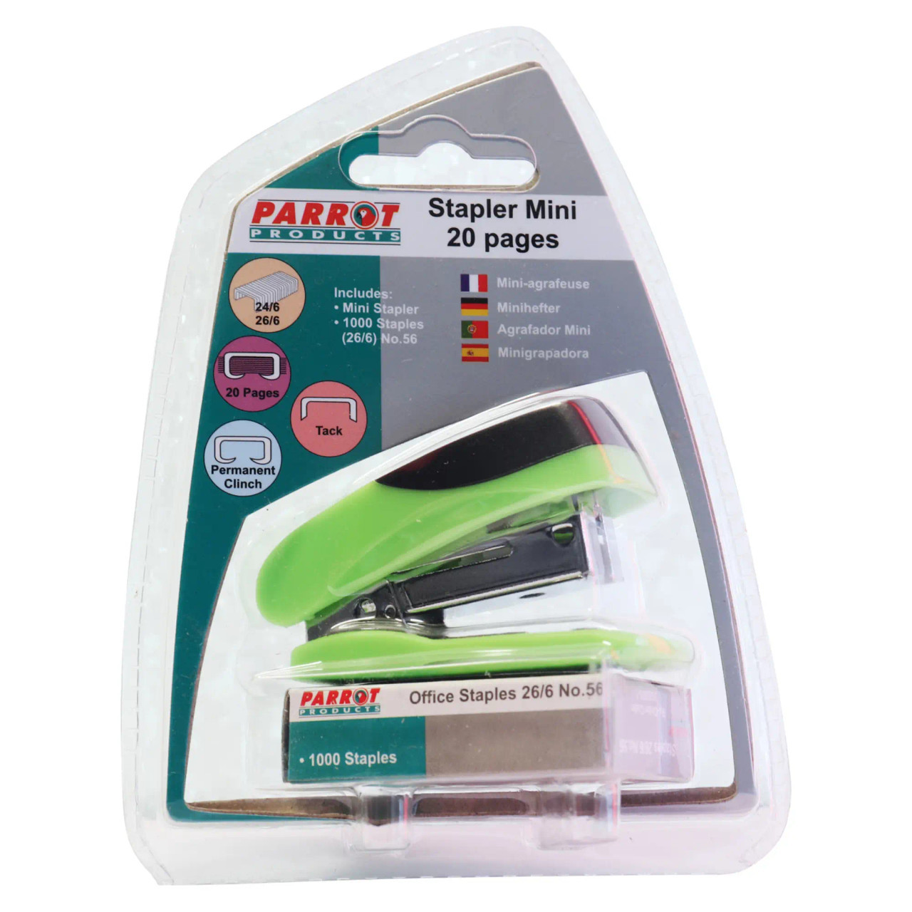 Stapler Plastic Mini Green with Staples, Product ST3050G, Small Office Stapler in Green with 1000 Staples Included.
