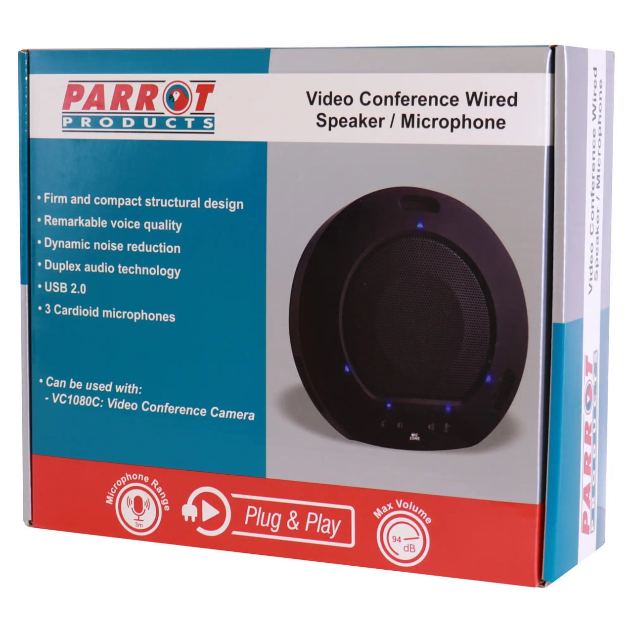 Parrot Products Video Conference Wired Speaker/Microphone, a Compact Device with Adjustable Volume, Featuring 3 Cardioid Microphones, in a Sleek Black Design, Powered Through DC5V 500mA, an Adjustable Volume Speaker with Clear Sound.