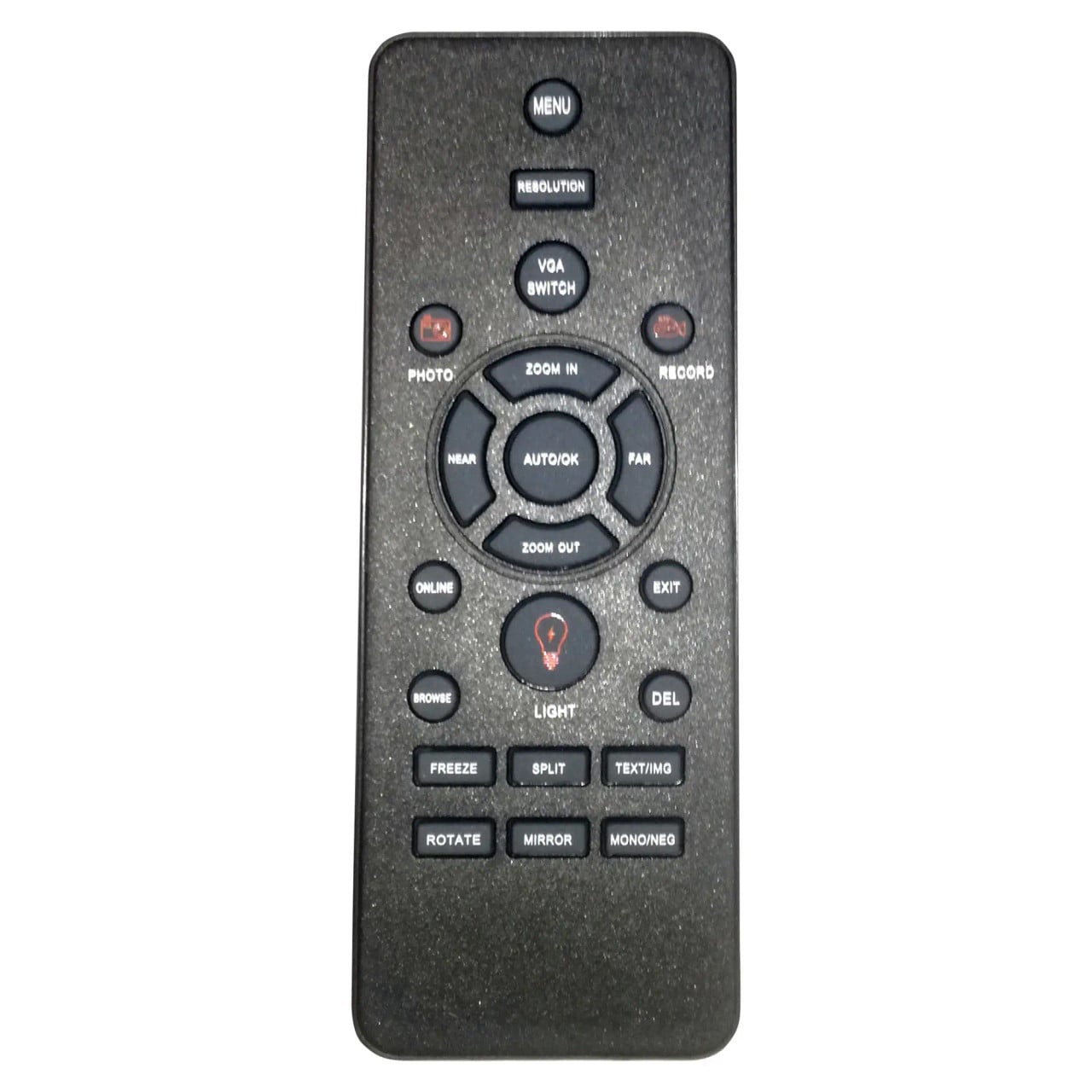 Black 67 Brand Remote Control, Spare Remote for VZ0002 Visualizer, Featuring Various Buttons for Classroom Tools, Including Navigation and Function Keys, Designed for Educational Use.