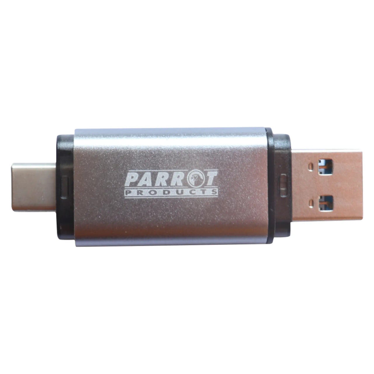 Parrot Products 67 Brand 32GB External Storage USB 3 Flash Drive with Dual USB Type-A and Type-C Connectors, Enabling High-Speed Data Transfer, in a Sleek Silver and Copper Design.