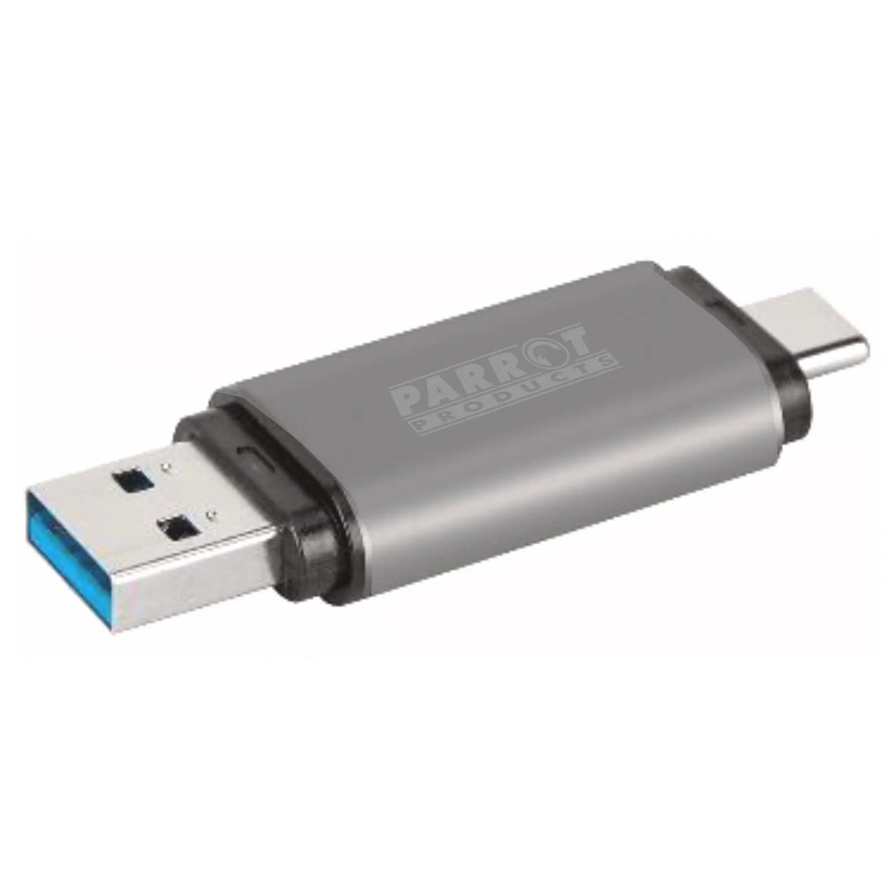 67 Brand External Storage USB 3 Type-A + USB-C 64GB Flash Drive, a Portable Storage Device with Dual USB Connectors, in Silver Colour, Featuring High-Speed Data Transfer Capabilities.