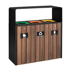 Three Division with Wood Cladding Waste Bin, Recycle Bin, and Cans Bin with bin liners KRO-RECW15, stylish wooden panel design for waste separation.