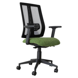 Bali Medium-back Office Chair SAC-MB-BA, ergonomic office chair with black mesh backrest, green cushioned seat, adjustable armrests, and a sturdy five-wheel base for mobility. Bali Medium-back Office Chair SAC-MB-BA, ergonomic office chair with black mesh backrest, green cushioned seat, adjustable armrests, and a sturdy five-wheel base for mobility.
