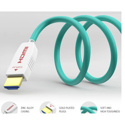HDMI 8K Fibre 2.1 Cable 30 Meters CL1030, close-up view of the fiber optic HDMI cable with white zinc alloy casing, gold-plated plugs, and turquoise soft high-toughness cable.