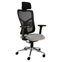 Aqua Mesh High-back Office Chair SAC-HCH-AQU, ergonomic office chair with mesh backrest, adjustable armrests, cushioned grey seat, and a headrest, on a chrome five-star base with casters for mobility. Aqua Mesh High-back Office Chair SAC-HCH-AQU, ergonomic office chair with mesh backrest, adjustable armrests, cushioned grey seat, and a headrest, on a chrome five-star base with casters for mobility.