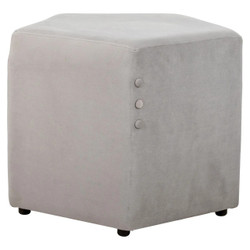 Pentagon Three Button Ottoman, light grey upholstery fabric with three decorative buttons on the side, cube shape, and small black feet.