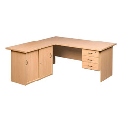 Pulse Office Desk with Sliding Door Credenza and Three Drawer Attached Pedestal | Budget Office Desks | Office Stock