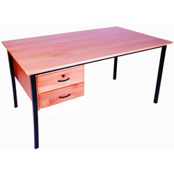 Teacher Desk in Saligna Wood with One, Two or Three Drawer, showcasing a wooden top, black metal legs, and two drawers with black handles. Teacher Desk in Saligna Wood with One, Two or Three Drawer, showcasing a wooden top, black metal legs, and two drawers with black handles.