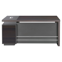 1600 mm Straight Desk with Fixed Pedestal, modern office furniture in dark and gray finish, includes a spacious work surface with a built-in cable management port, and a fixed pedestal for storage.