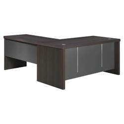 1600 mm Straight Desk Shell with Optional L-Extension, modern office workspace desk with dark wood finish and gray accents. 1600 mm Straight Desk Shell with Optional L-Extension, modern office workspace desk with dark wood finish and gray accents.