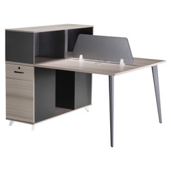 1400 mm Two-Way Workstation with Modern Design, Featuring a Spacious Dual-Sided Desk with Partition, Storage Cabinets, and Sleek Grey and Natural Wood Finishes for Efficient Office Workspace.