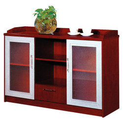 Classic Server Unit FoF-SVU-S005, wooden server cabinet with glass doors and open middle shelf, used for office or home server storage.