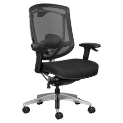 Alya Mesh Medium-back Office Chair, black ergonomic office chair with mesh backrest and cushioned seat, adjustable armrests, and rolling caster wheels.