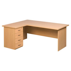 Pulse Office Desk with Four Drawer Desk High Pedestal, wooden office desk with a spacious L-shaped surface and a four-drawer pedestal on the left side.
