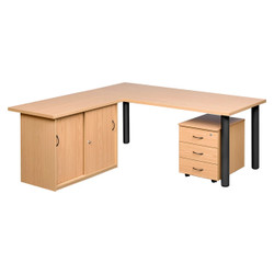 Pulse Office Desk with Sliding Door Credenza and Three Drawer Mobile Pedestal, modern office furniture in light wood finish with black metal legs and handles.