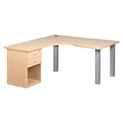 Pulse Office Cluster Desk with Two Drawer Desk High Pedestal, wooden office desk with a curvature design, two drawers and a metal leg, suitable for modern office workspace.