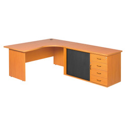 Pulse Office Cluster Desk with Four Drawer Desk High Pedestal And Roller Credenza, Large U-shaped office desk with wooden finish, black sliding door cabinet, and four drawers on the right side.