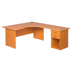 Pulse Office Cluster Desk with Two Drawer Desk High Pedestal Extended Panel, wooden office desk with a spacious L-shape surface, two drawers, and an open shelf, suitable for ergonomic workspaces.