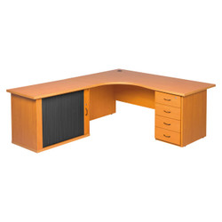 Pulse Office Cluster Desk with Four Drawer Desk Pedestal And Roller Door Credenza, wooden office desk with a curved design, four drawers on the right side, and a sliding door cabinet on the left side.