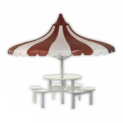 Umbrella Canteen Seating Set C16, outdoor kids and family picnic table with a large striped canopy for shade.