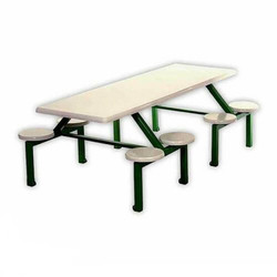 Eight-Seater Canteen Rectangular Stool Set DS8, a sturdy table with six small round stools perfect for dining or casual gatherings.