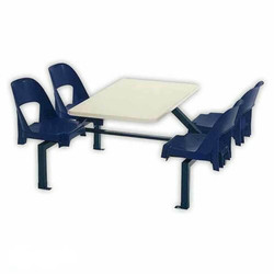 Four-Seater Canteen Rectangular Alpine Set DA4, sturdy table with a light-colored rectangular top and four navy blue plastic chairs around it.