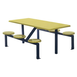 Six-Seater Canteen Rectangular Stool Set DS6, yellow rectangular table with black metal frame and six round yellow stools attached to the frame.