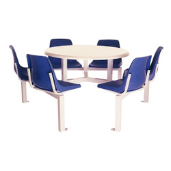 Six-Seater Canteen Round Poly Shell Set DP6R, round white table with blue plastic chairs arranged around it.