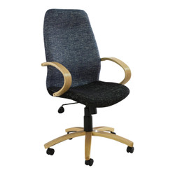 Morant Wooden High-back Chair SAC-HB-MW, ergonomic office chair with black textured fabric upholstery, light wooden armrests and base, and adjustable height with caster wheels for mobility. Morant Wooden High-back Chair SAC-HB-MW, ergonomic office chair with black textured fabric upholstery, light wooden armrests and base, and adjustable height with caster wheels for mobility.