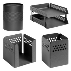  Perforated Steel Desk Set: Two-tier Letter Tray, Paper Cube Holder, Pencil Cup & Waste Paper Bin 
