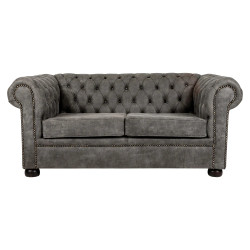 Elegant mahogany frame Victoria double seater sofa with tufted grey upholstery, bun feet, and nailhead trim, perfect for a stylish living room.