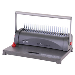 Comb Binding Machine (450 sheets 51mm), gray binding machine with adjustable comb guides and a handle for binding documents. Comb Binding Machine (450 sheets 51mm), gray binding machine with adjustable comb guides and a handle for binding documents.