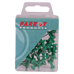 Push Pins (Boxed 30 - Green) BA3001G, green thumbtacks in a clear plastic container with packaging label