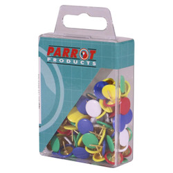Drawing Pins, boxed pack of 100 assorted push pins in multiple colors including blue, white, red, yellow, and green.
