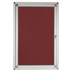 Hinged Pinning Display Case, 900x600mm Burgandy color with metal frame and lockable door for wall mounting.