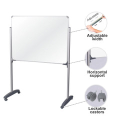 T-Leg Set, adjustable-width whiteboard with horizontal support and lockable castors for mobility, designed for boards up to 1500mm.