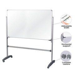 T-Leg Set, adjustable width whiteboard with horizontal support and lockable casters for mobility and stability, designed for boards from 1600mm to 2400mm.