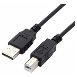 USB 2.0 AM To BM Cromo (2 Meters)  CL2002A, close-up image of a 2-meter black USB cable showing the USB Type A Male and Type B Male connectors for connecting electronic devices.
