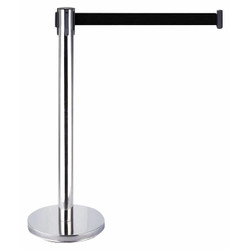 Retractable Chrome Queue Barrier with Black Belt, 910x320mm, DP9132, sturdy chrome-plated metal stanchion with black fabric belt for crowd control and queue management.