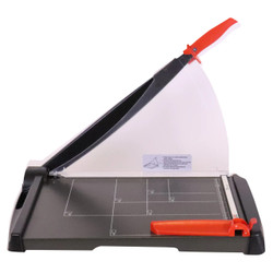 Guillotine, a professional paper cutting tool with a 343mm cutting length, 20-sheet capacity, and suitable for A4 paper size, featuring a black cutting surface and an orange safety handle.