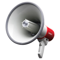 Megaphone (25 Watt) IS1001, white and red handheld loudspeaker with a large horn and trigger handle. Megaphone (25 Watt) IS1001, white and red handheld loudspeaker with a large horn and trigger handle.