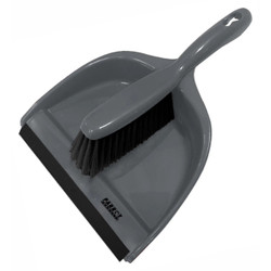 Janitorial Dustpan and Brush JA0102A, gray dustpan with a matching gray brush with black bristles for sweeping debris.